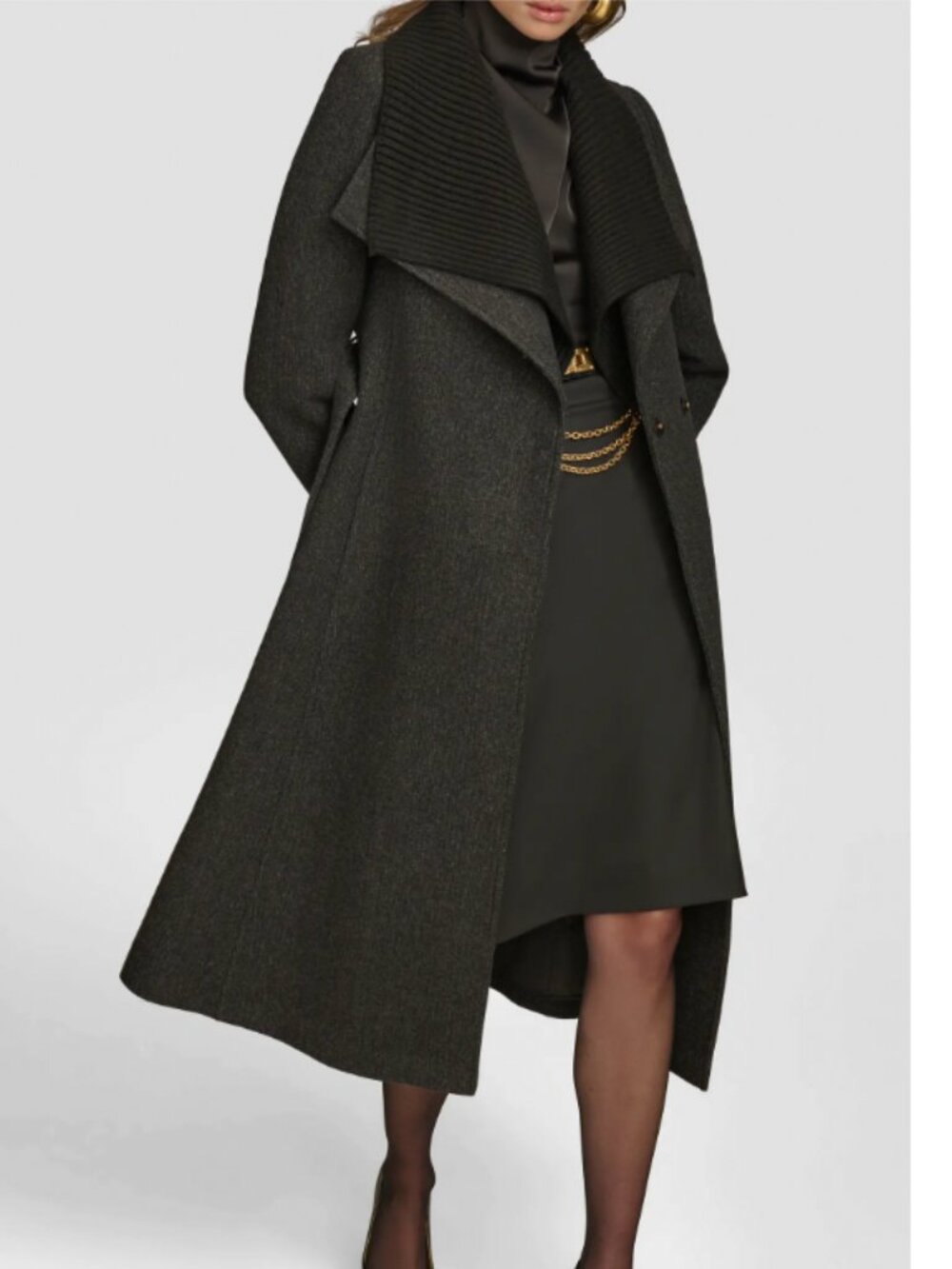 Donna Karan Rib Belted Wool Blend Wrap Coat - Picture 6 of 9
